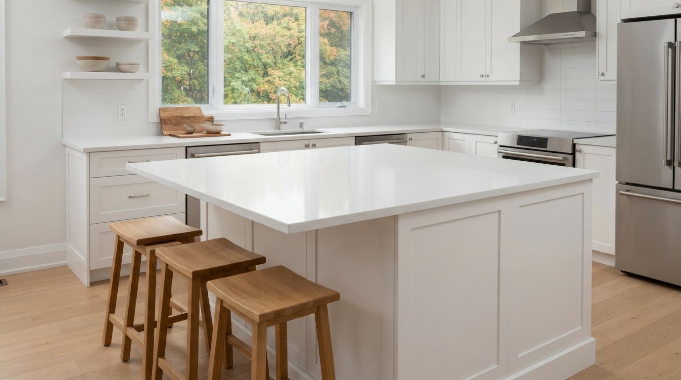 Bright kitchen with a large white island, quartz top and three stools showing practical kitchen island ideas