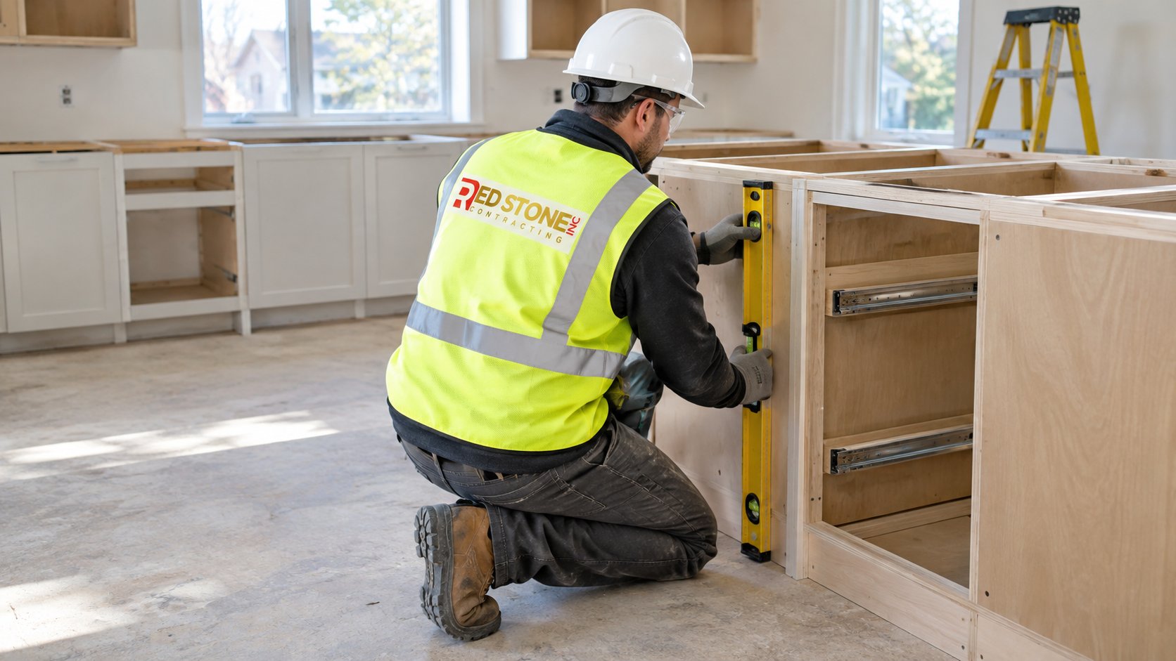 Cabinet installer levelling an island base cabinet on a kitchen floor during a renovation