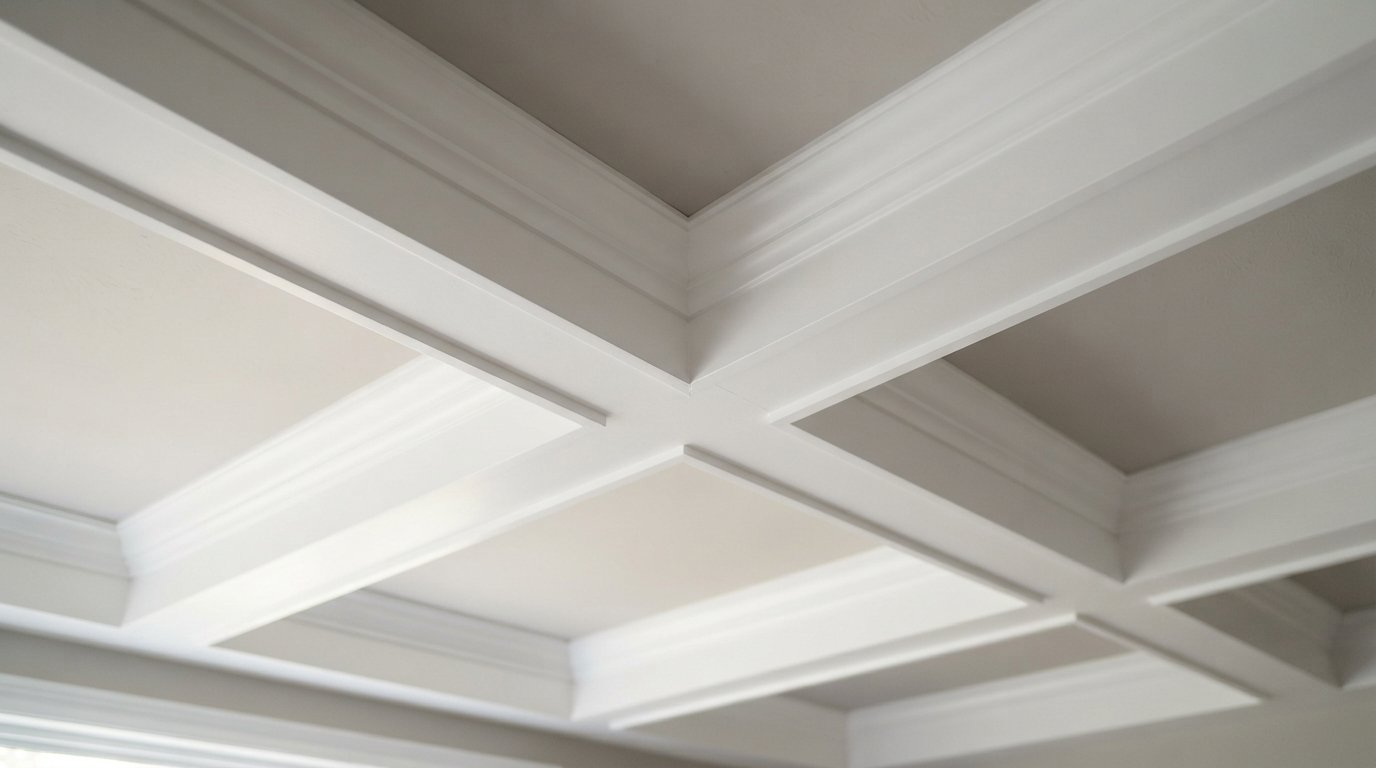 Close-up of a coffered ceiling beam intersection with crisp mouldings and a recessed painted panel