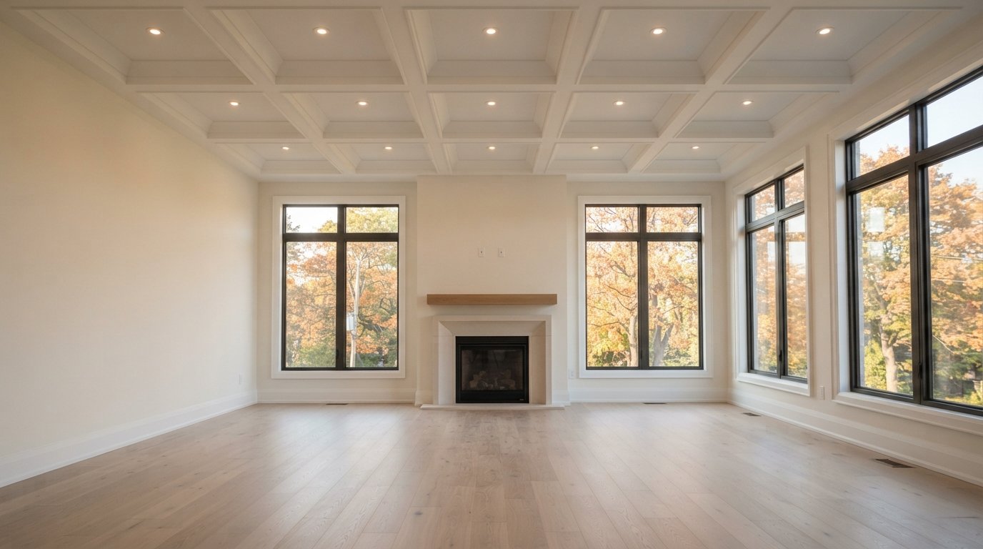 Living room with a white painted coffered ceiling forming square panels above a fireplace wall