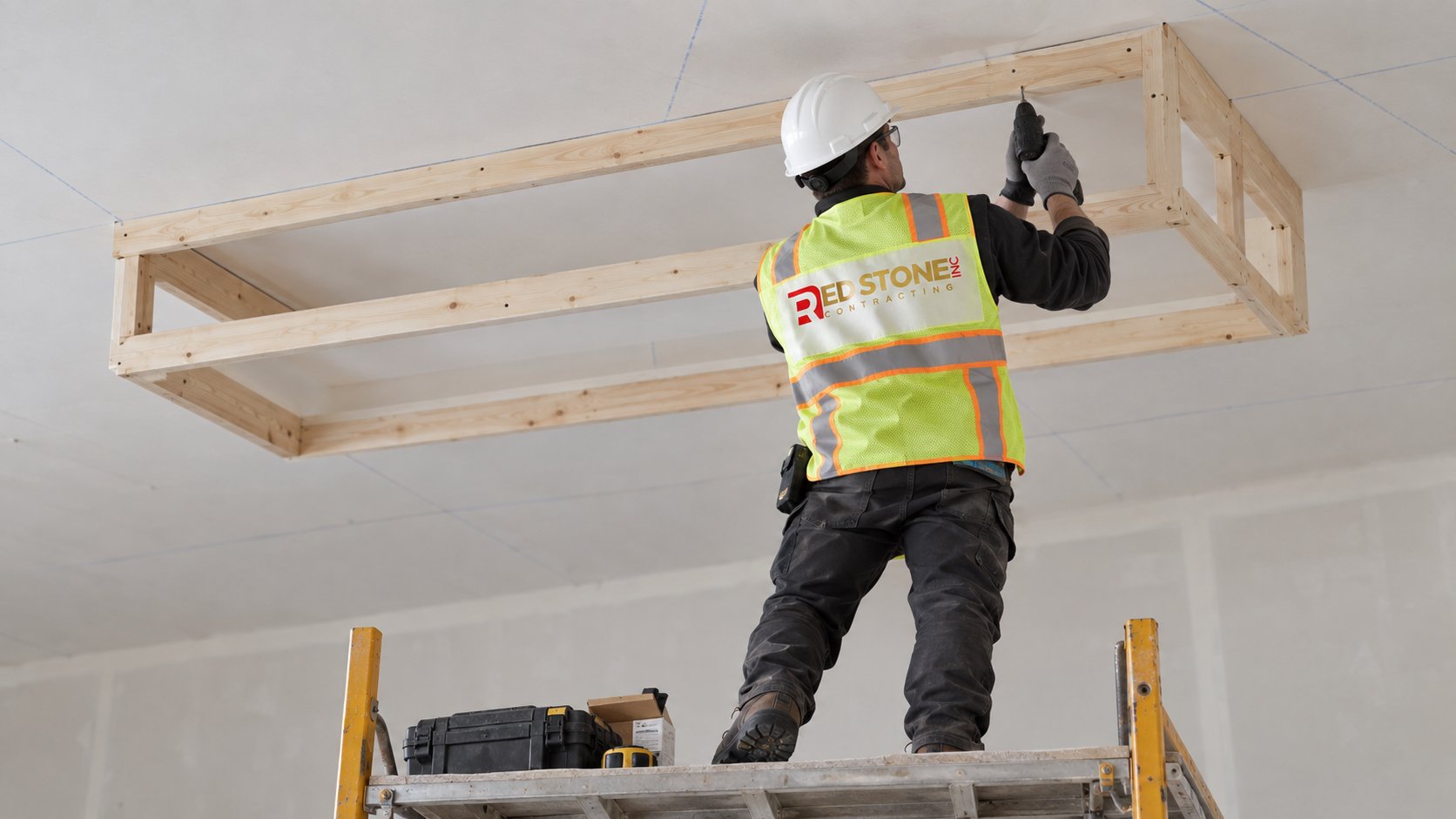 Finish carpenter fastening a wood beam frame to the ceiling for a coffered ceiling grid