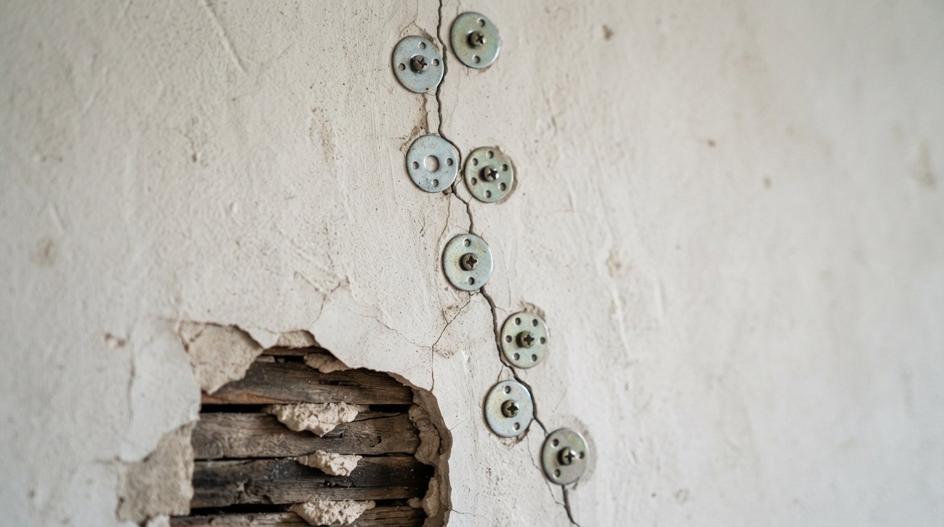 Close-up of plaster washers holding loose plaster walls back against wood lath before skim coating