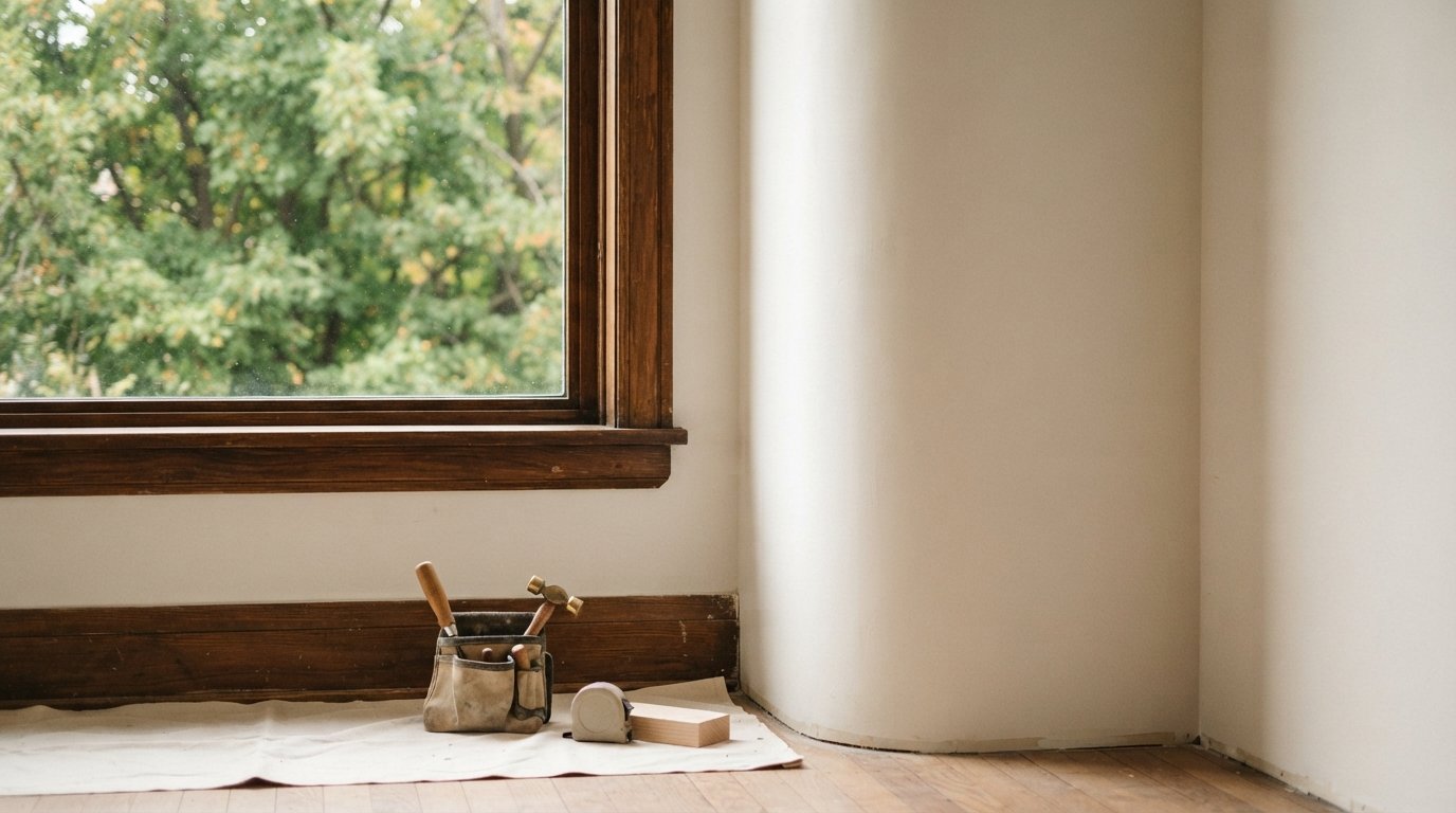 Restored plaster walls in an older home living room with smooth painted finish and original wood trim