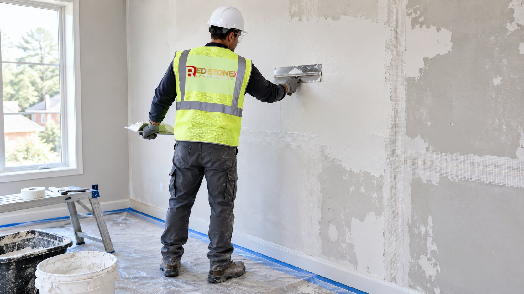 Plasterer skim coating repaired plaster walls with a wide trowel in an older house