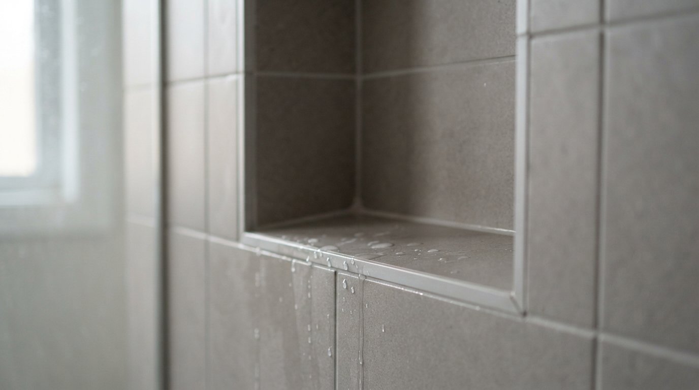 Close-up of a shower niche sill sloping toward the shower with mitred tile edges and clean grout lines