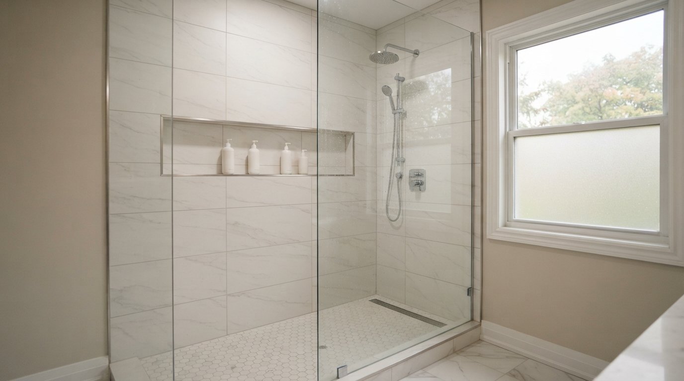 Tiled walk-in shower with a horizontal shower niche aligned to the wall tile and a slim metal edge
