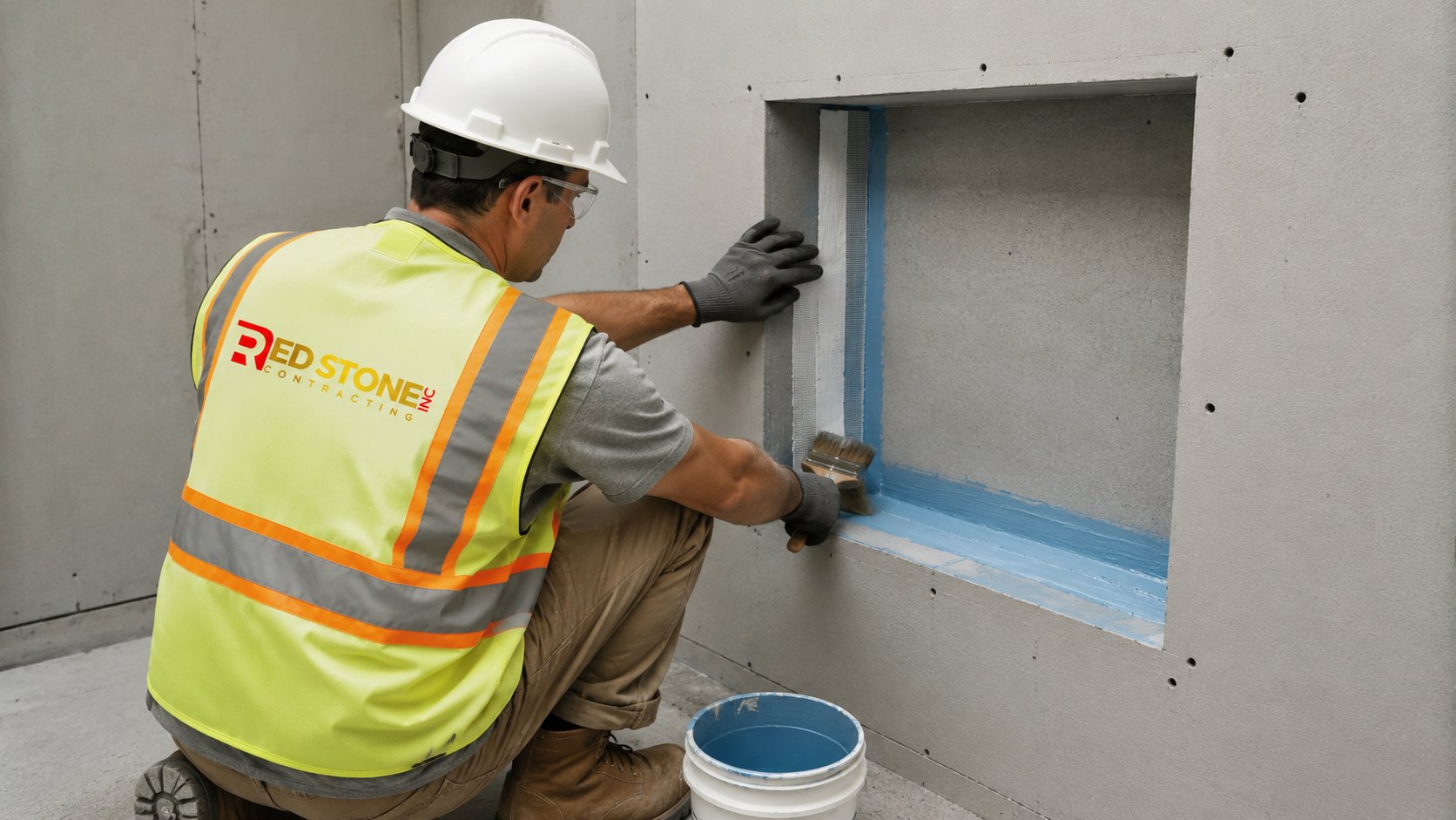 Tile setter embedding reinforcing fabric in the corners of a shower niche before waterproofing