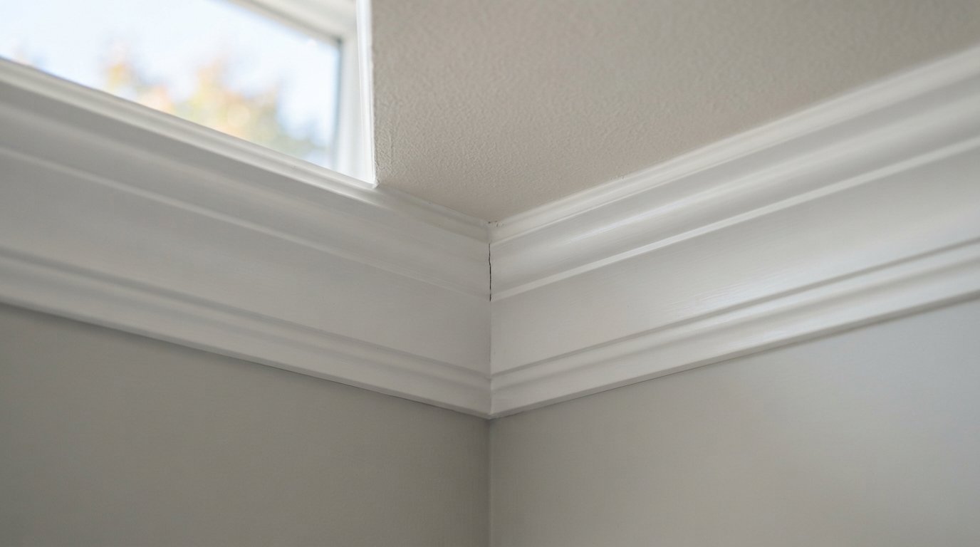 Close-up of a tight coped inside corner on painted poplar crown moulding with a clean caulked ceiling line