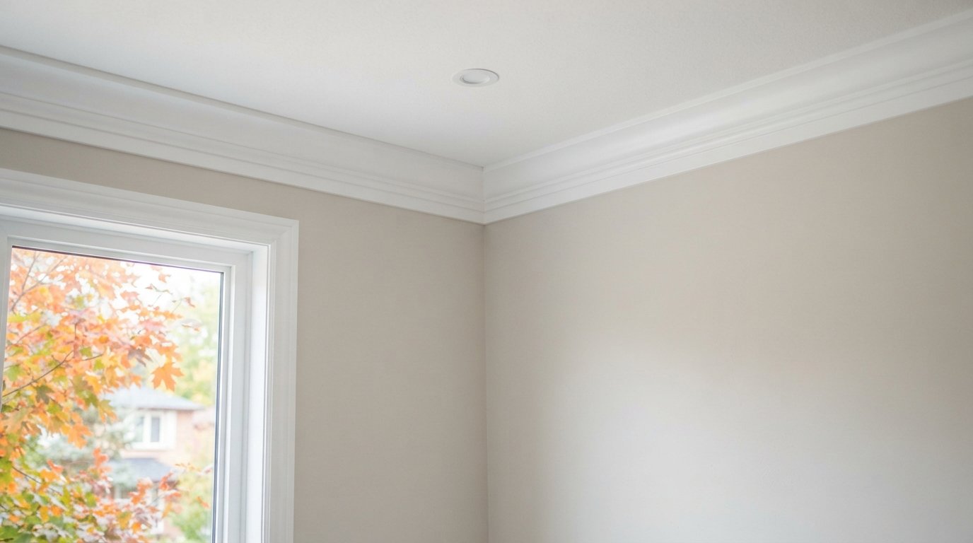 Painted white crown moulding meeting a smooth ceiling in a bright living room with autumn daylight from a side window