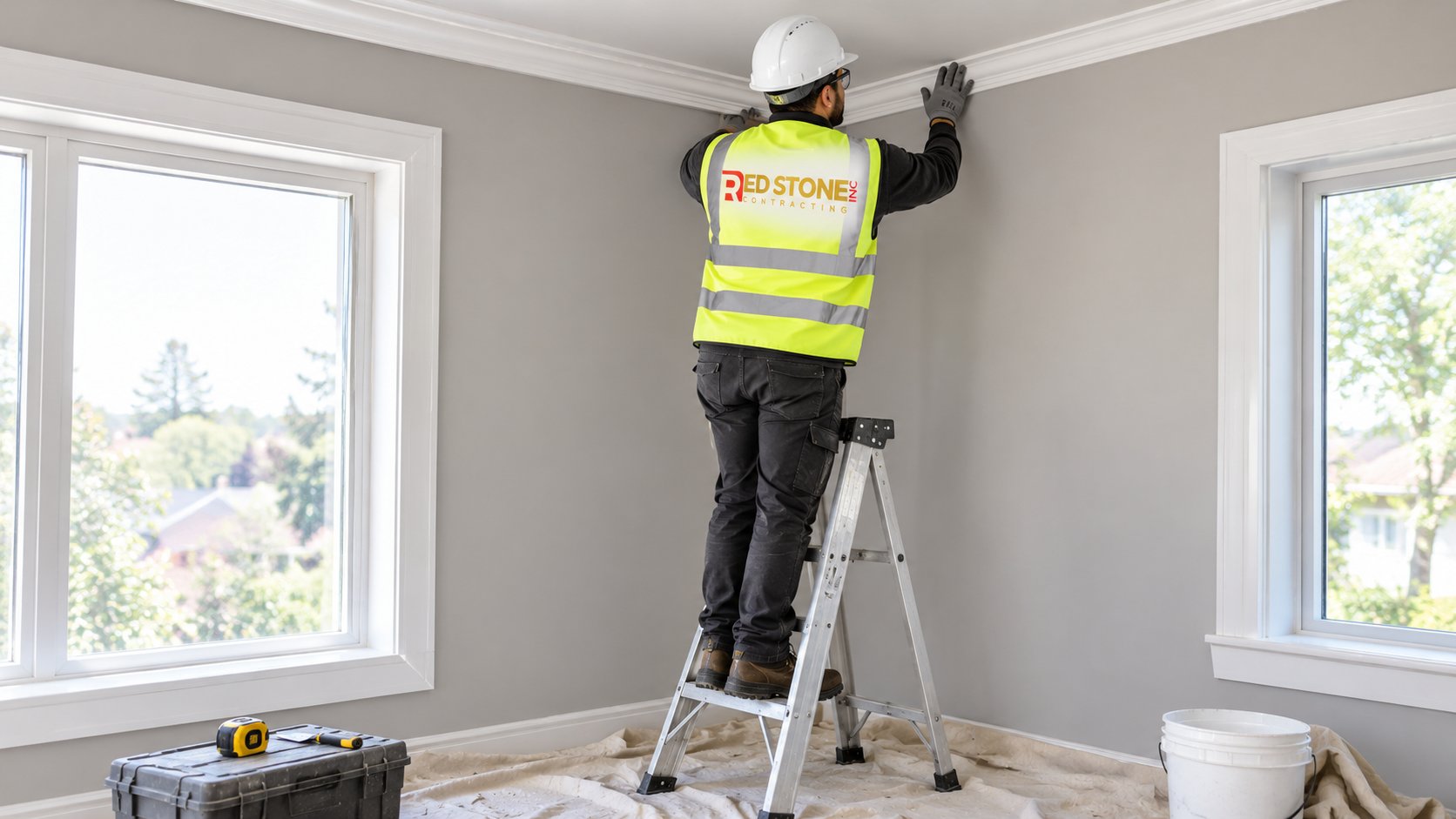 Finish carpenter on a stepladder fitting a coped crown moulding joint into an inside corner of a living room