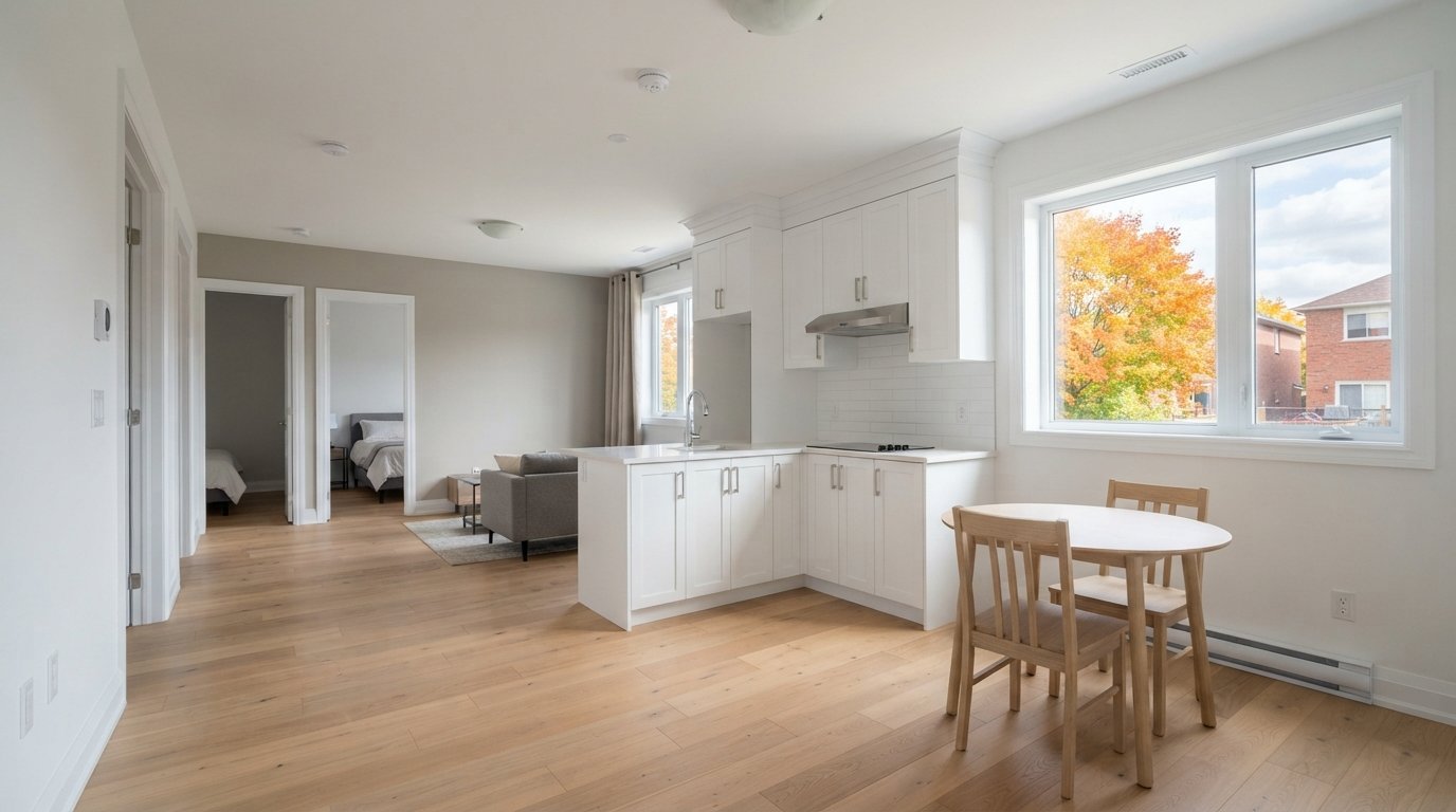 Bright secondary suite kitchen and living area planned to meet the multigenerational home renovation tax credit unit definition