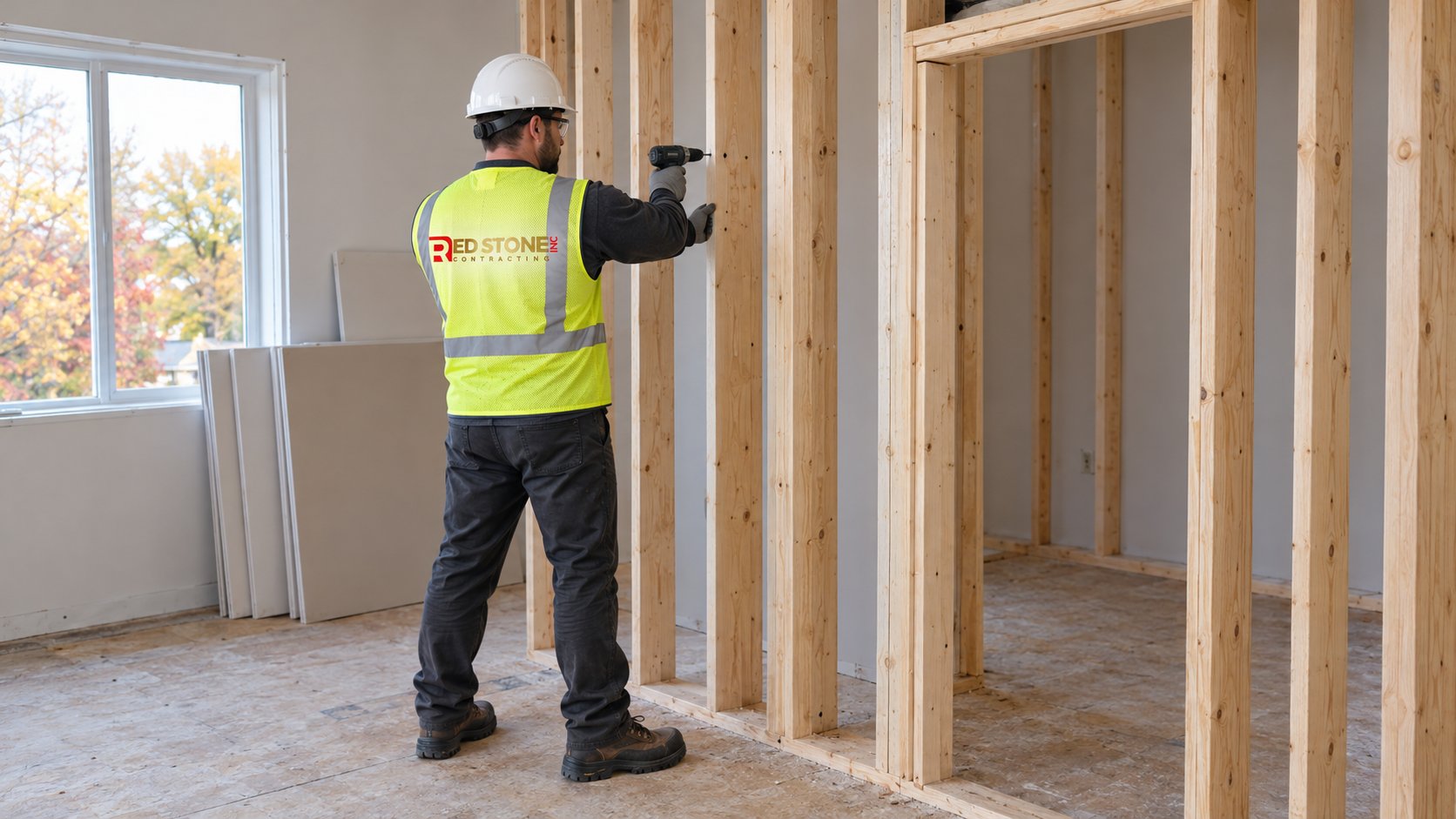 Contractor framing a new interior wall for a secondary suite in a multigenerational home renovation