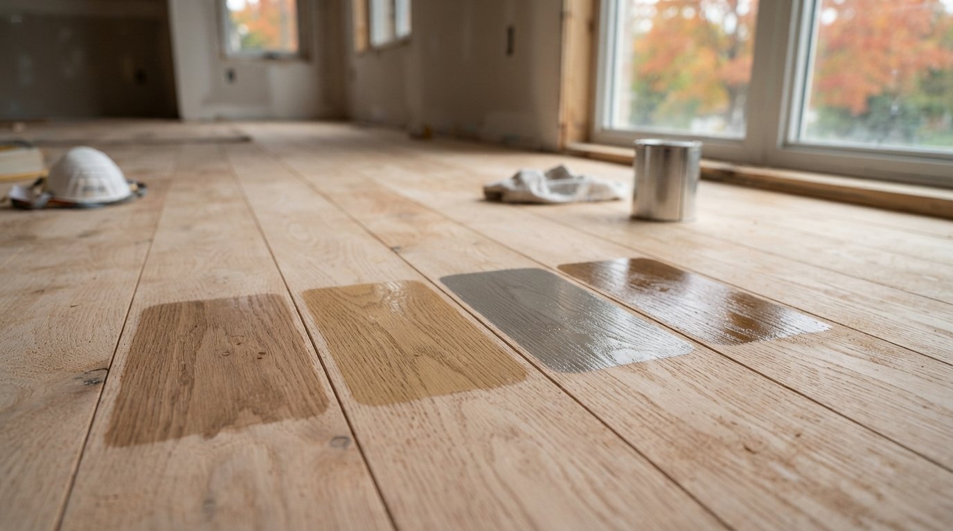 Close-up of stain sample patches on sanded red oak boards during hardwood floor refinishing colour testing