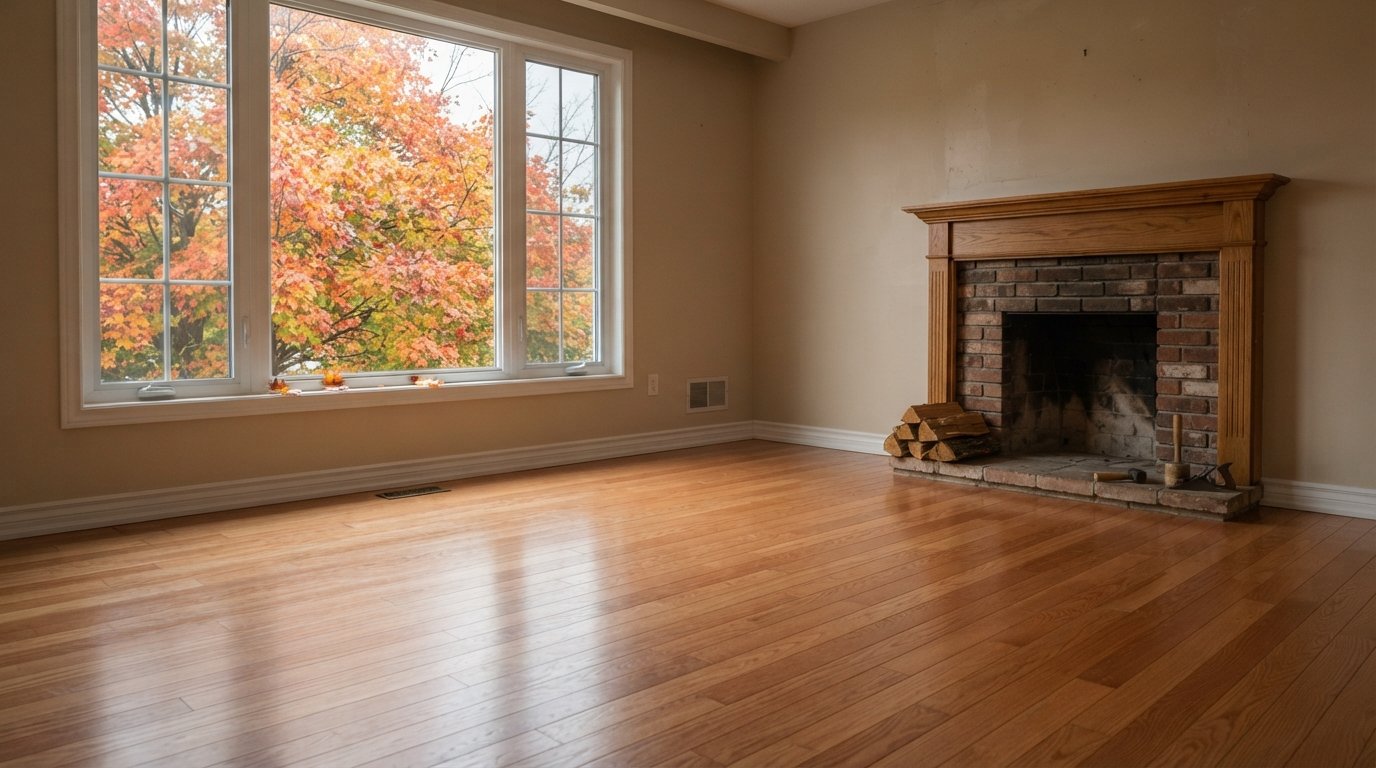 Freshly finished oak living room floor after hardwood floor refinishing, with autumn light through a window