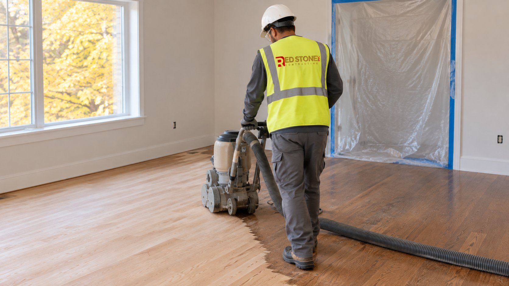 Tradesperson running a drum sander across an oak floor during hardwood floor refinishing in an empty room
