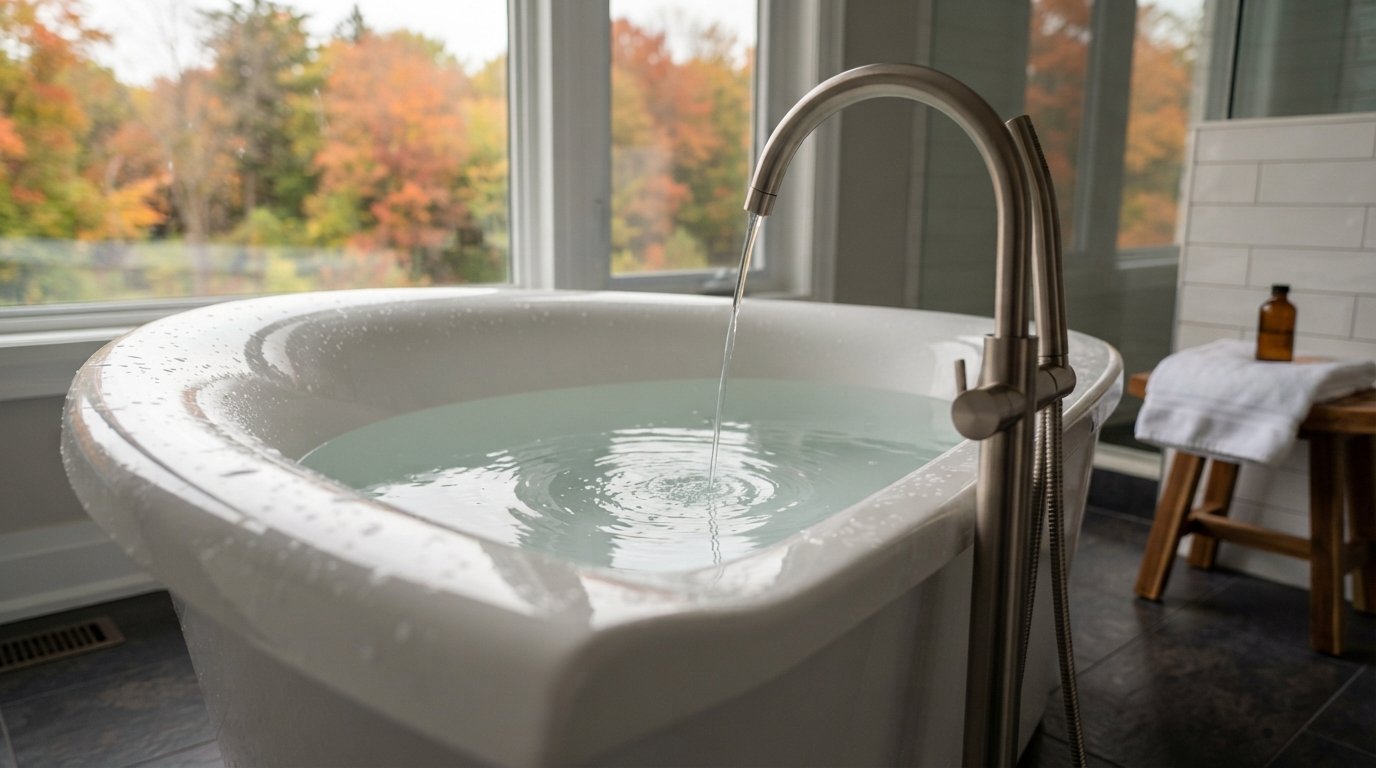Close-up of a freestanding tub rim and brushed nickel floor-mounted filler spout over the water