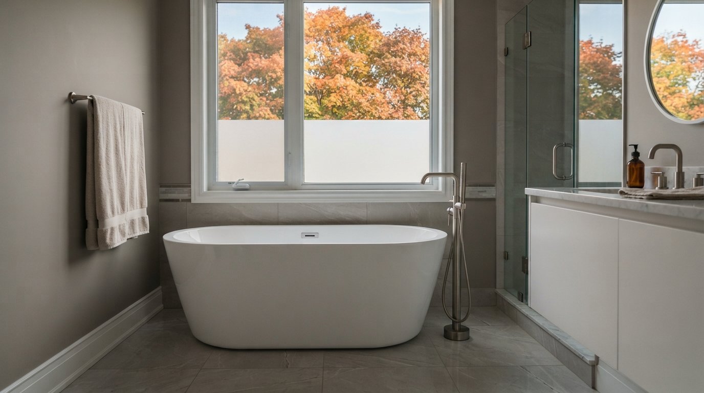White freestanding tub with a floor-mounted filler in a tiled bathroom lit by soft autumn daylight