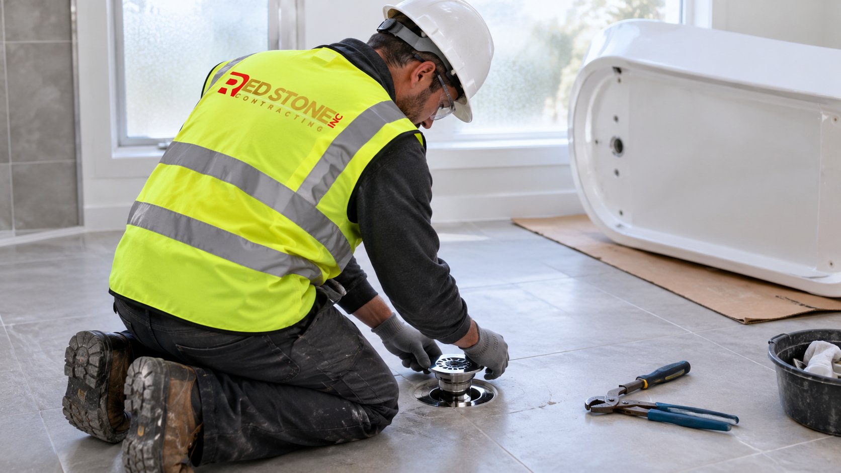 Plumber setting the drain connection under a freestanding tub before it is placed on a tiled bathroom floor