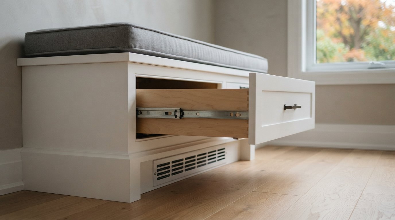 Close-up of a banquette seating drawer front and wipeable cushion edge above a recessed toe kick