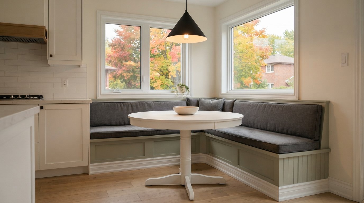 L-shaped built-in banquette seating with cushions around a round pedestal table in a bright kitchen nook