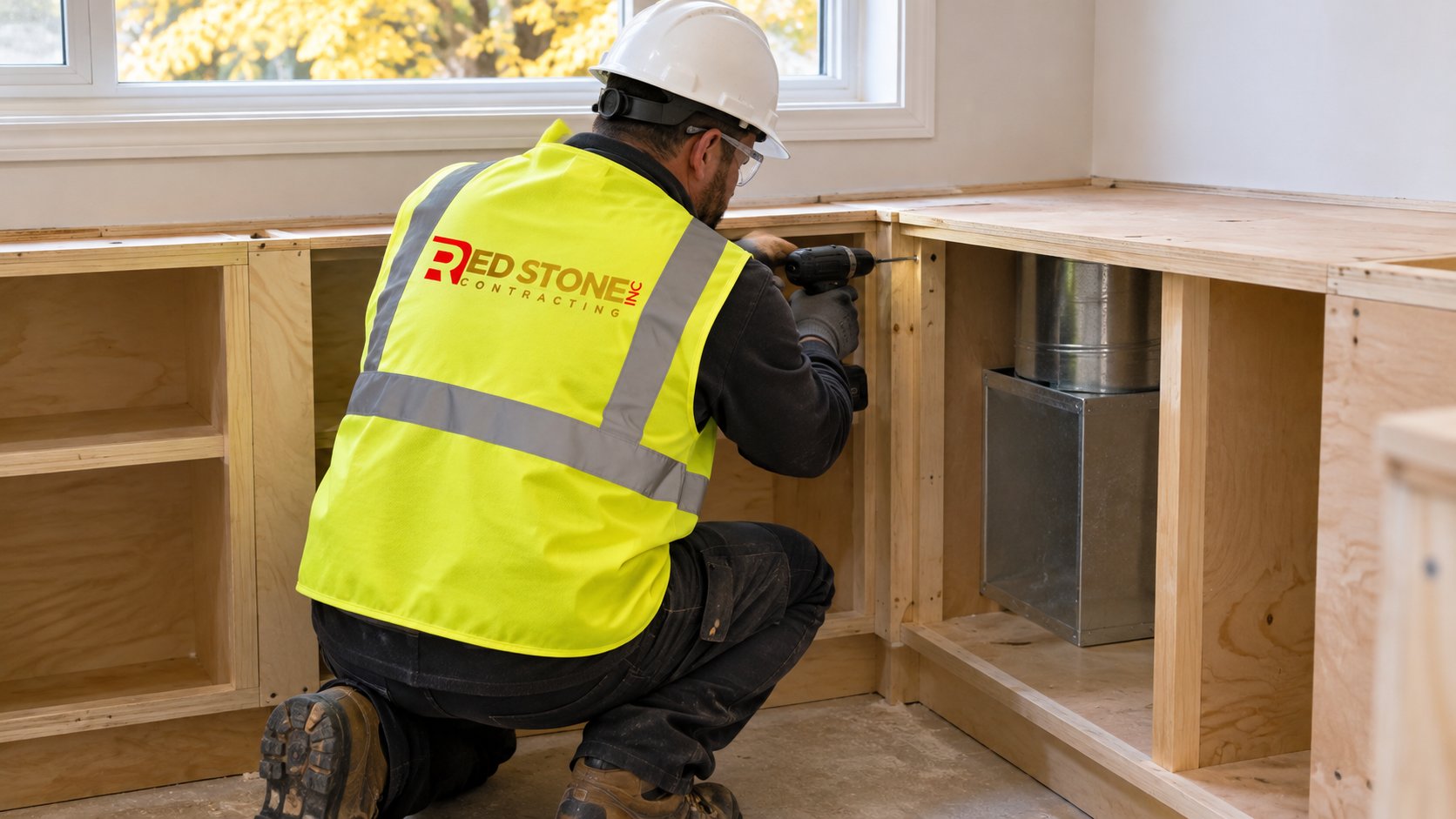 Finish carpenter fastening a plywood banquette seating base to wall studs in a kitchen corner