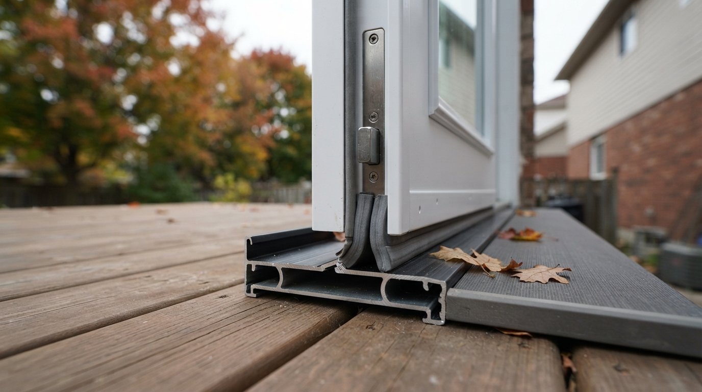 Close-up of a patio door sill and multi-point lock showing weatherstrip and drainage after patio door replacement