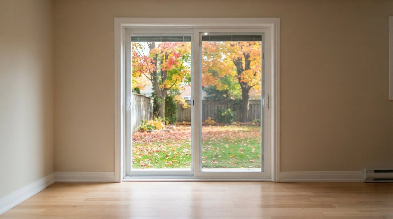 New white sliding door in a family room after a patio door replacement, with an autumn yard beyond the glass