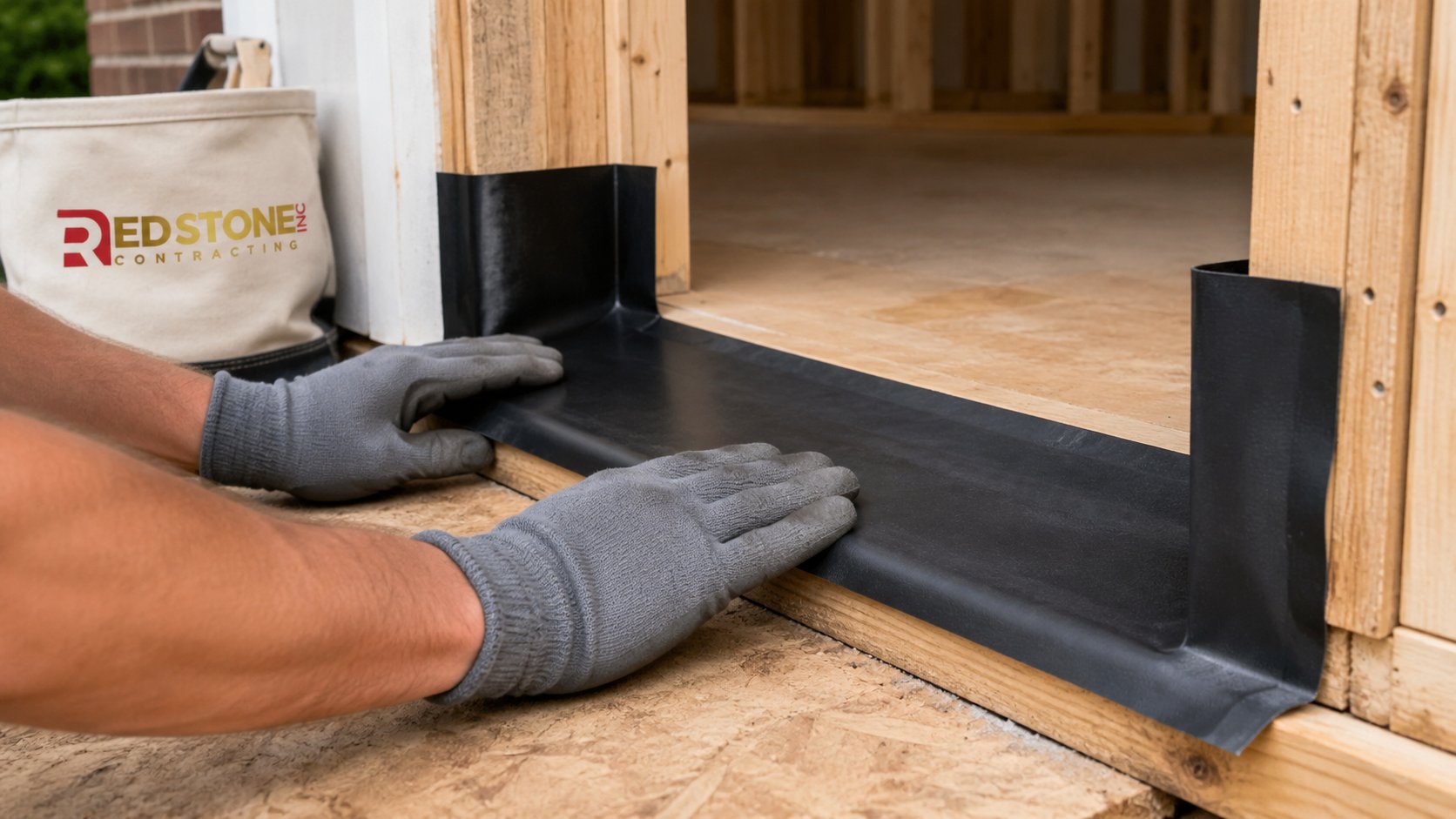 Installer fitting a sill pan membrane into a rough opening during a patio door replacement