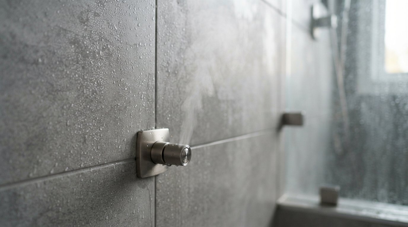 Close-up of a steam shower head mounted low on a porcelain tile wall with condensation on the tile