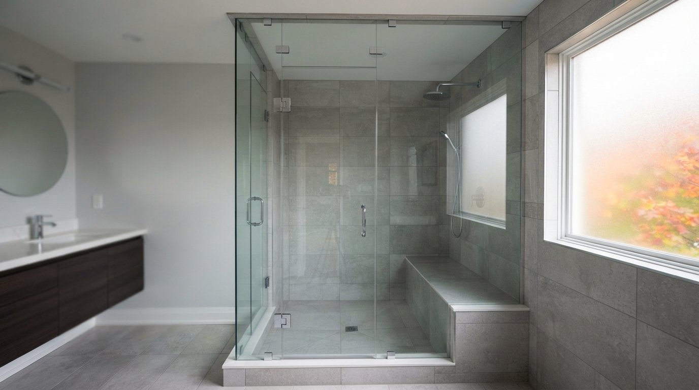 Tiled steam shower with a full height glass enclosure, transom panel and built-in bench in a renovated bathroom