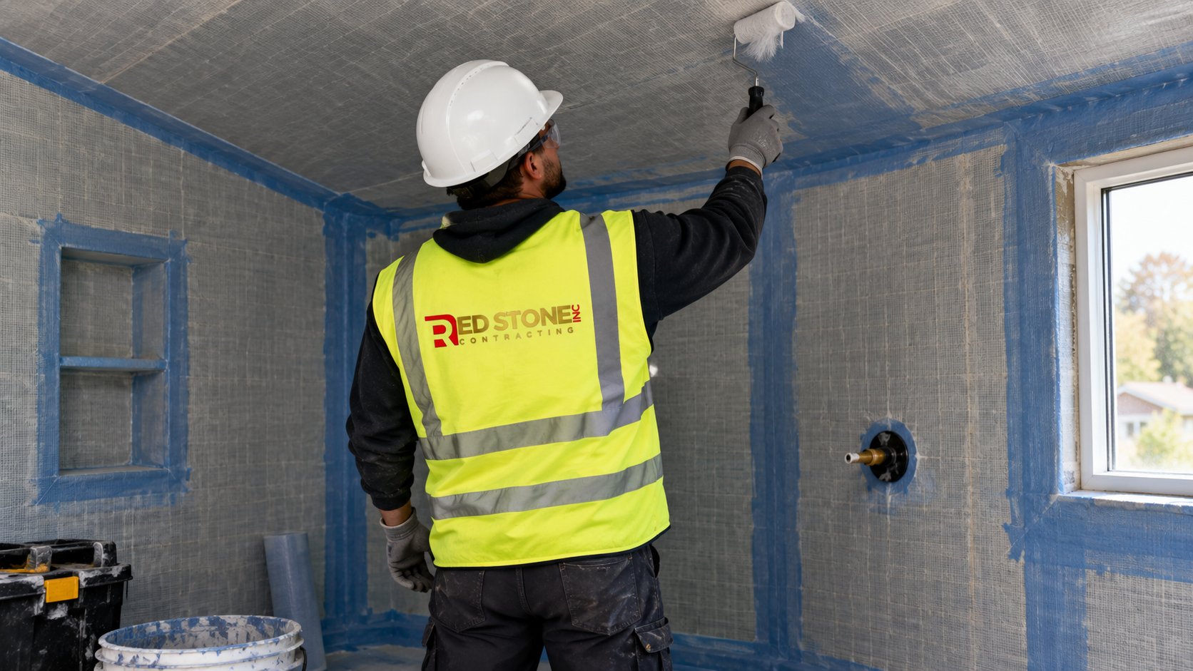 Installer sealing a vapour-tight membrane on the sloped ceiling of a steam shower before tile
