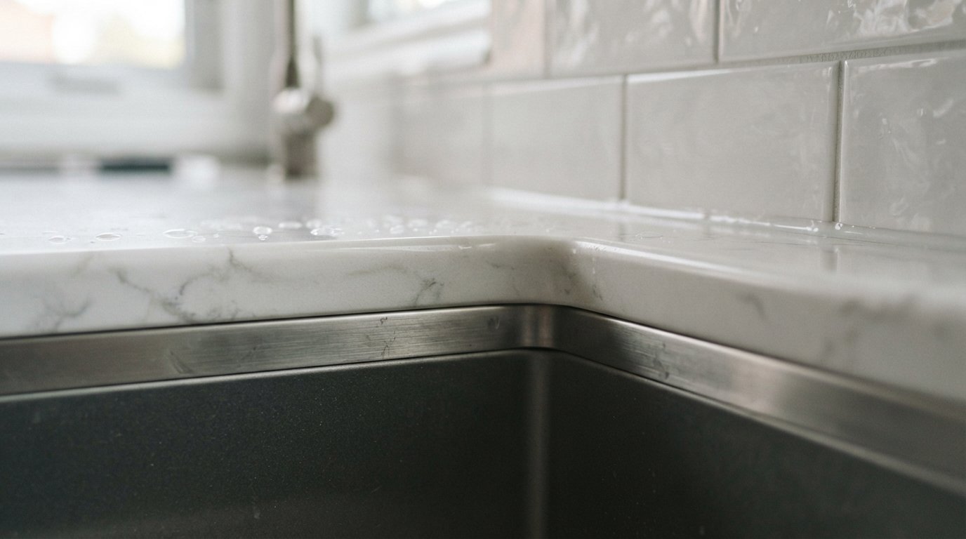 Close-up of a polished quartz edge meeting a stainless undermount sink rim with a slight positive reveal