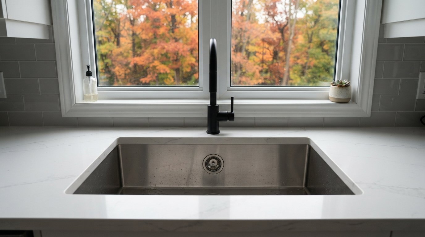 Stainless steel undermount sink set in a white quartz countertop with a pull-down faucet in a bright kitchen