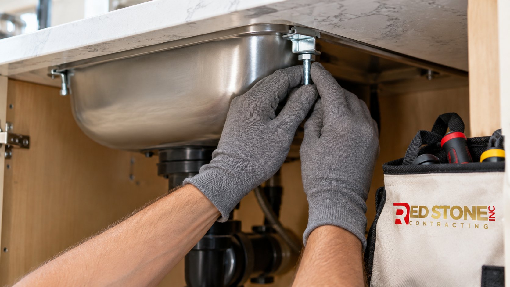 Installer tightening mounting clips under a stainless undermount sink inside a kitchen sink base cabinet