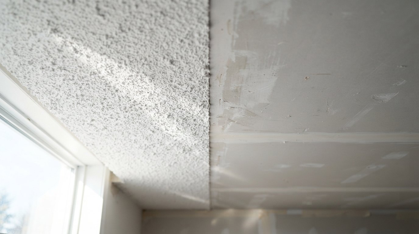 Close-up of sprayed acoustic texture next to bare drywall exposed during popcorn ceiling removal