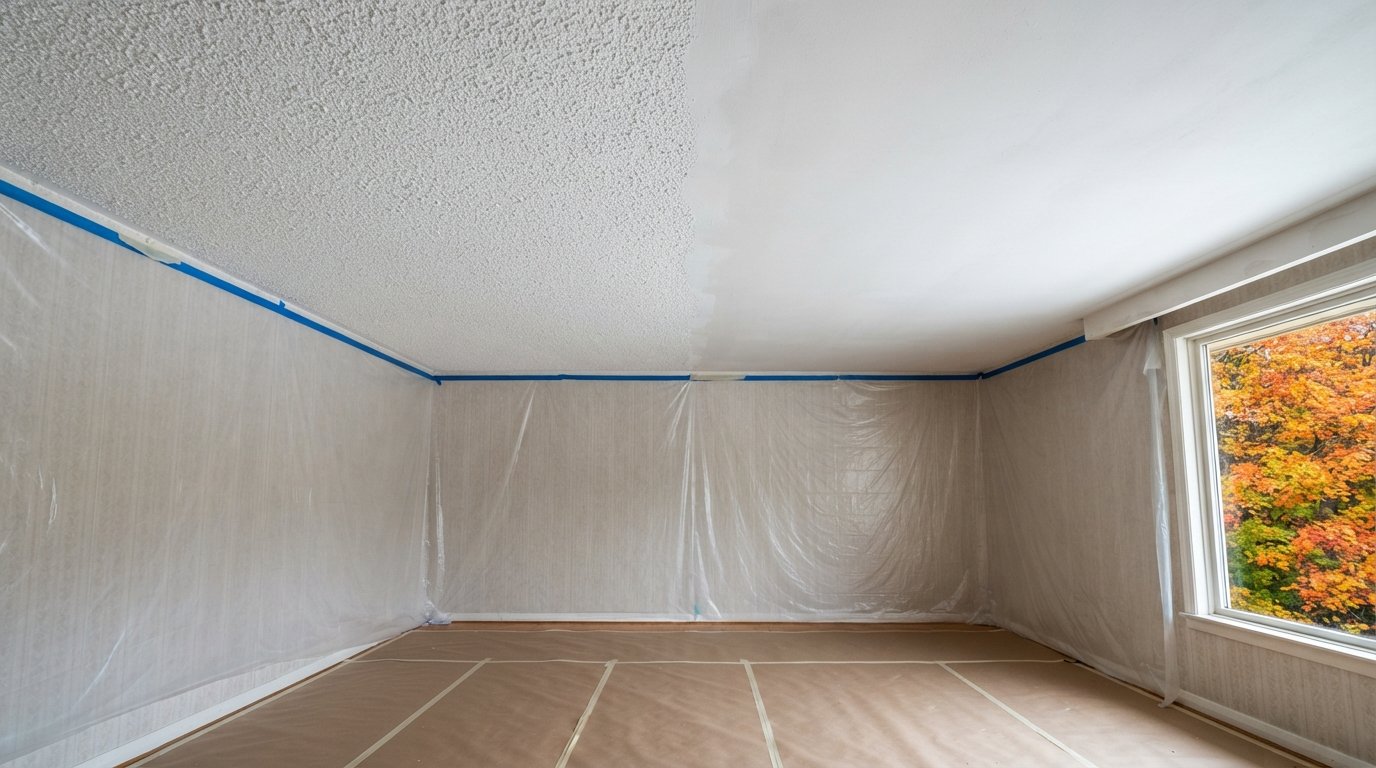 Living room ceiling halfway through popcorn ceiling removal, smooth skimmed section beside original textured finish