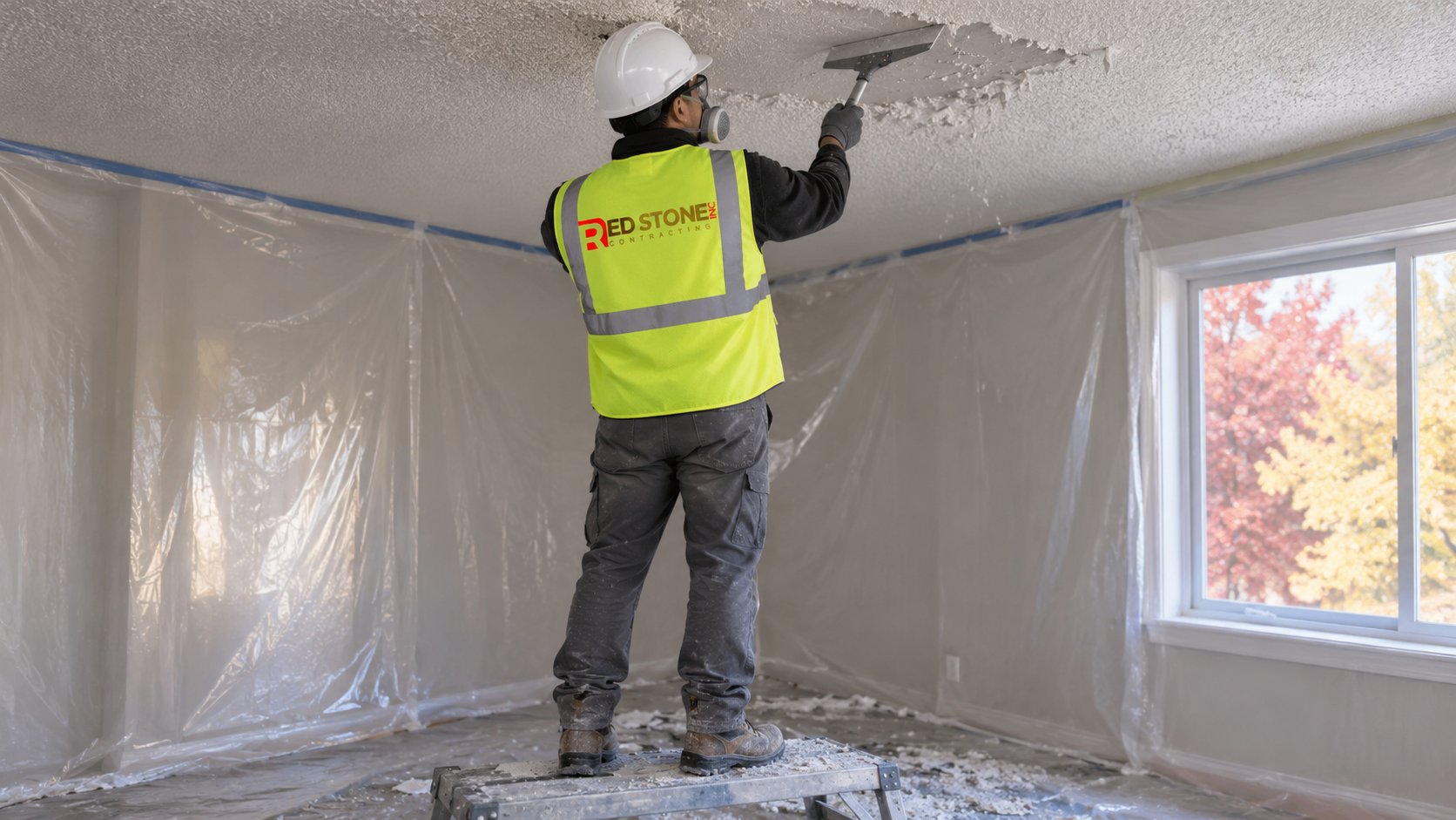 Tradesperson on a platform scraping softened texture during popcorn ceiling removal inside a plastic-lined room