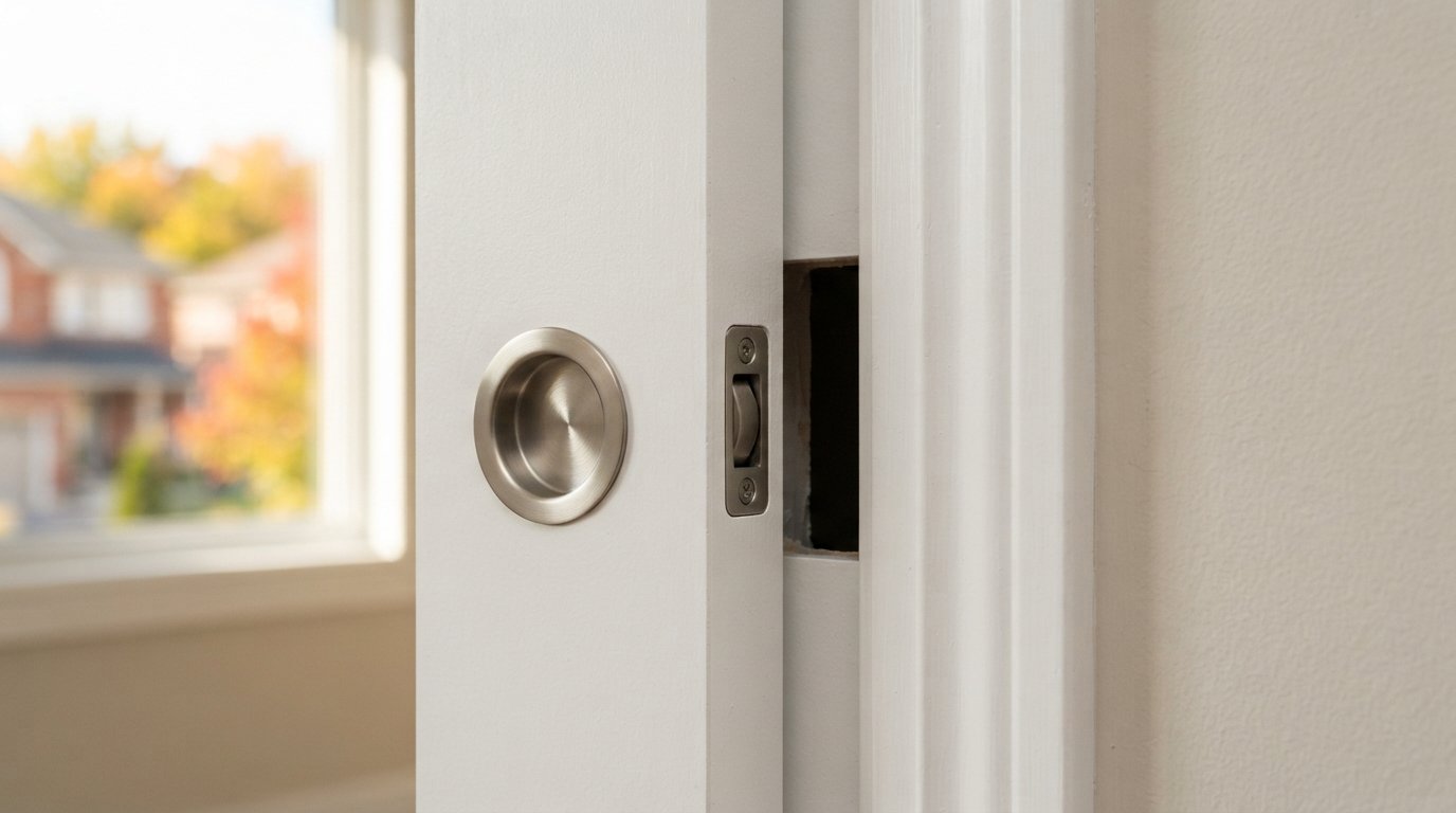 Close-up of a brushed metal flush pull and edge pull on a white pocket door