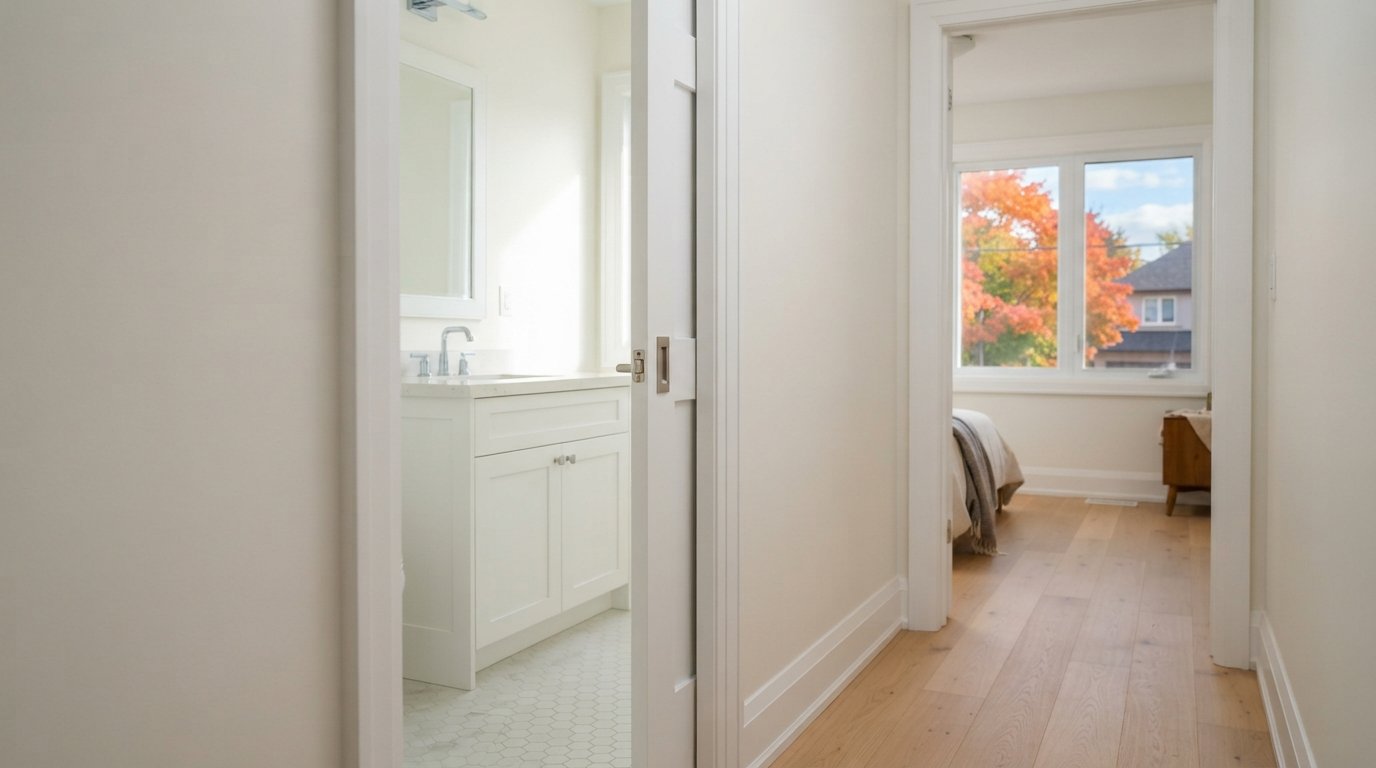 Half-open white pocket door sliding into a hallway wall beside a bright renovated ensuite bathroom