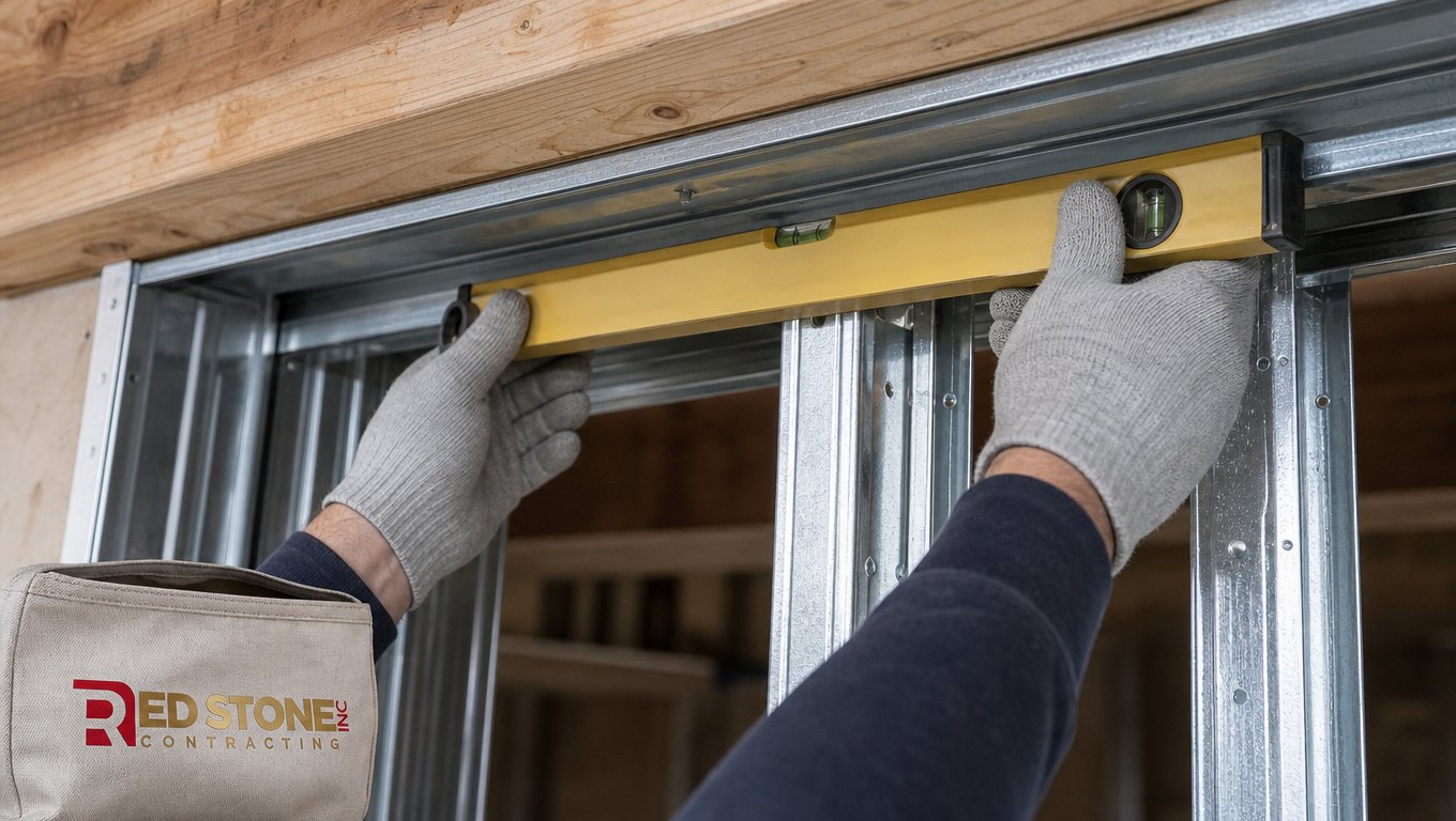 Carpenter adjusting the overhead track of a pocket door frame kit in an open stud wall