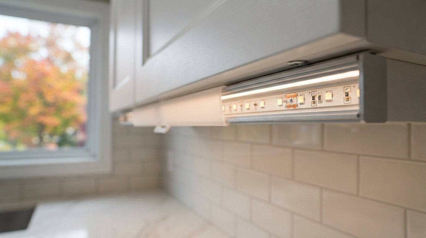 Close-up of LED under cabinet lighting tape inside an aluminium channel with frosted diffuser