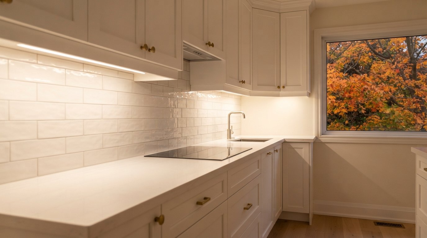 Warm under cabinet lighting washing a white quartz counter and tile backsplash in a renovated kitchen