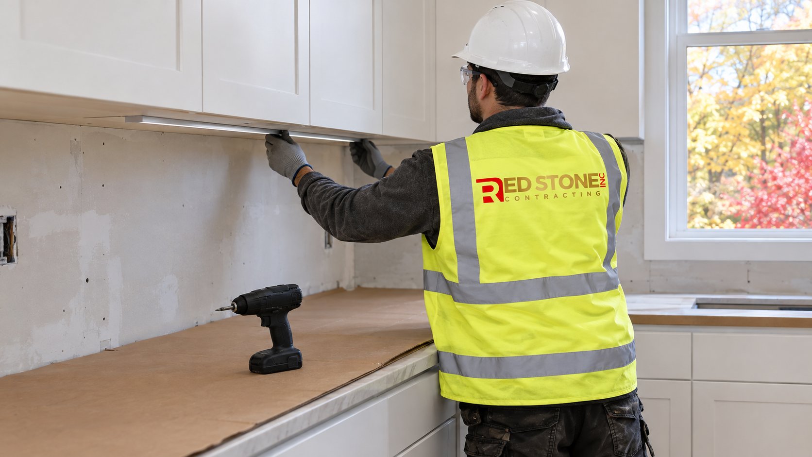 Electrician fitting LED under cabinet lighting channel beneath new kitchen upper cabinets