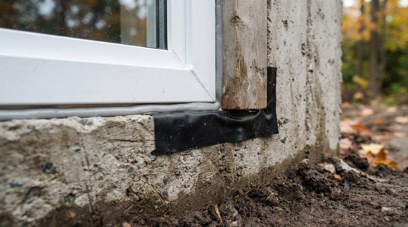 Close-up of a sealed buck and flashing around a new egress window frame in a foundation wall