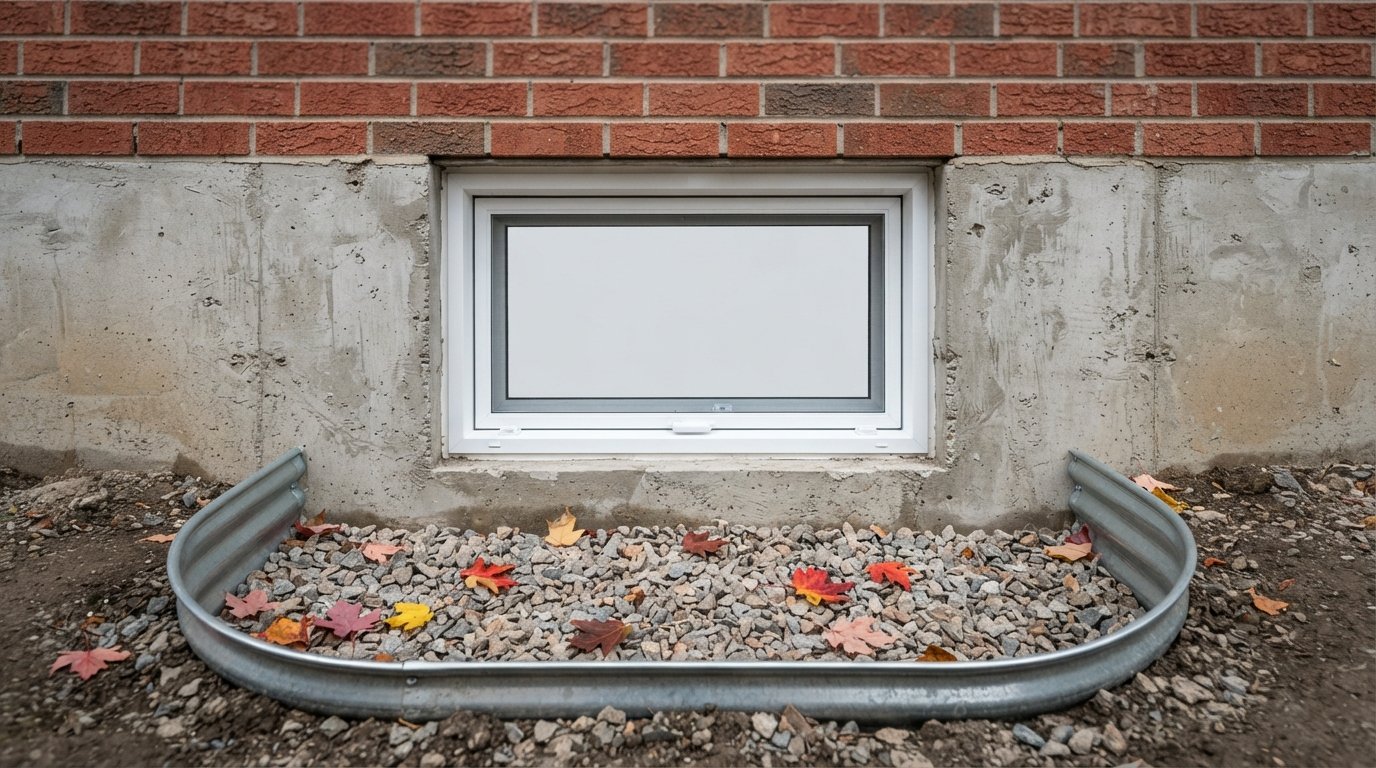 New basement egress window in a poured concrete foundation above a gravel-filled galvanized window well with autumn leaves