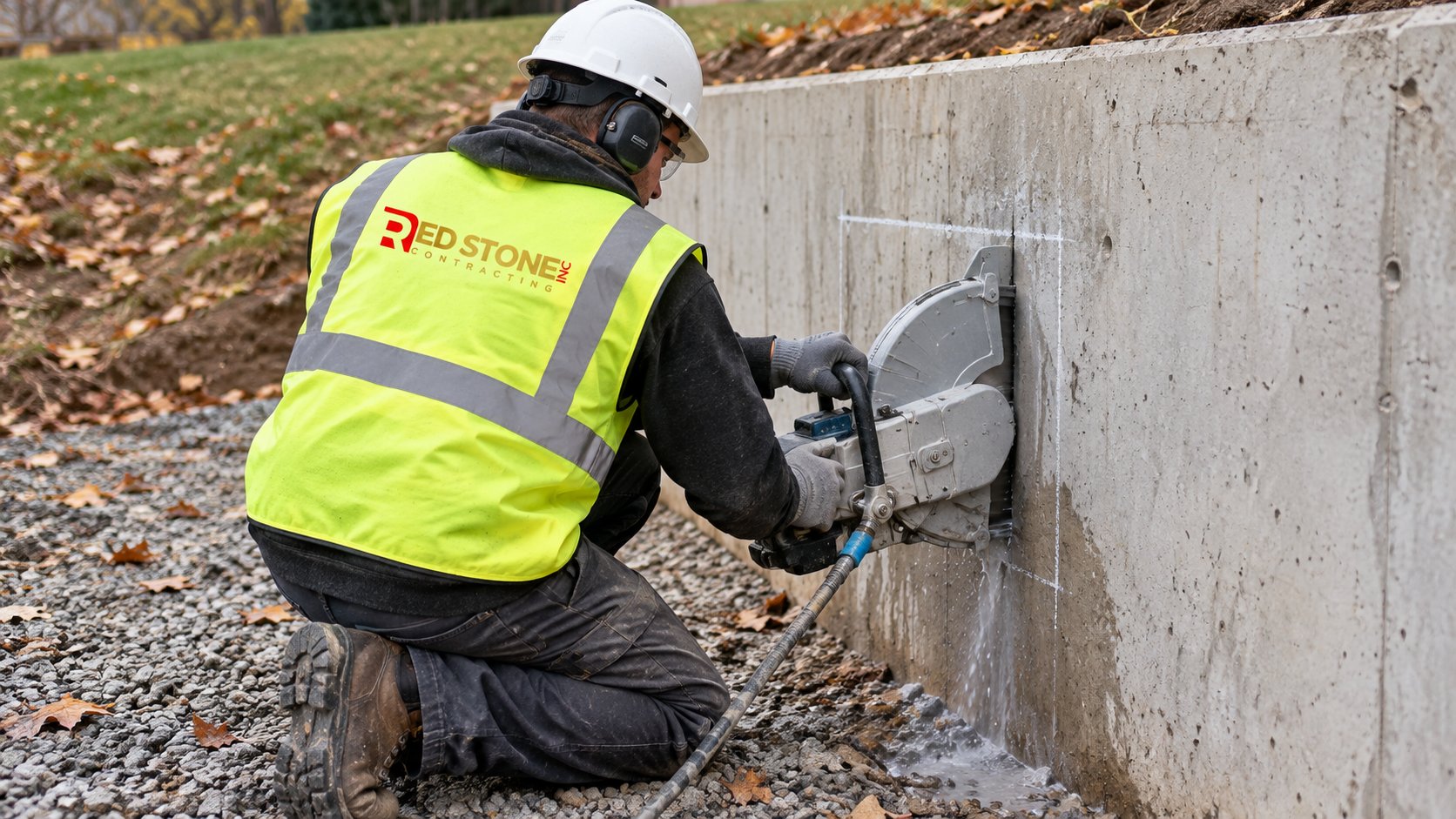 Worker cutting an enlarged egress window opening in a poured concrete foundation wall with a wet saw