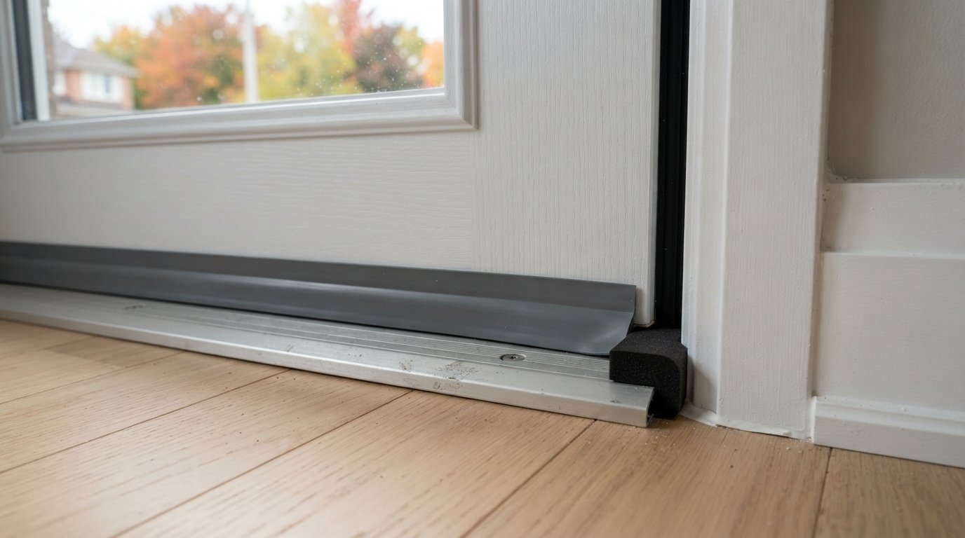 Close-up of adjustable threshold and weatherstrip corner pad on a new door after front door replacement