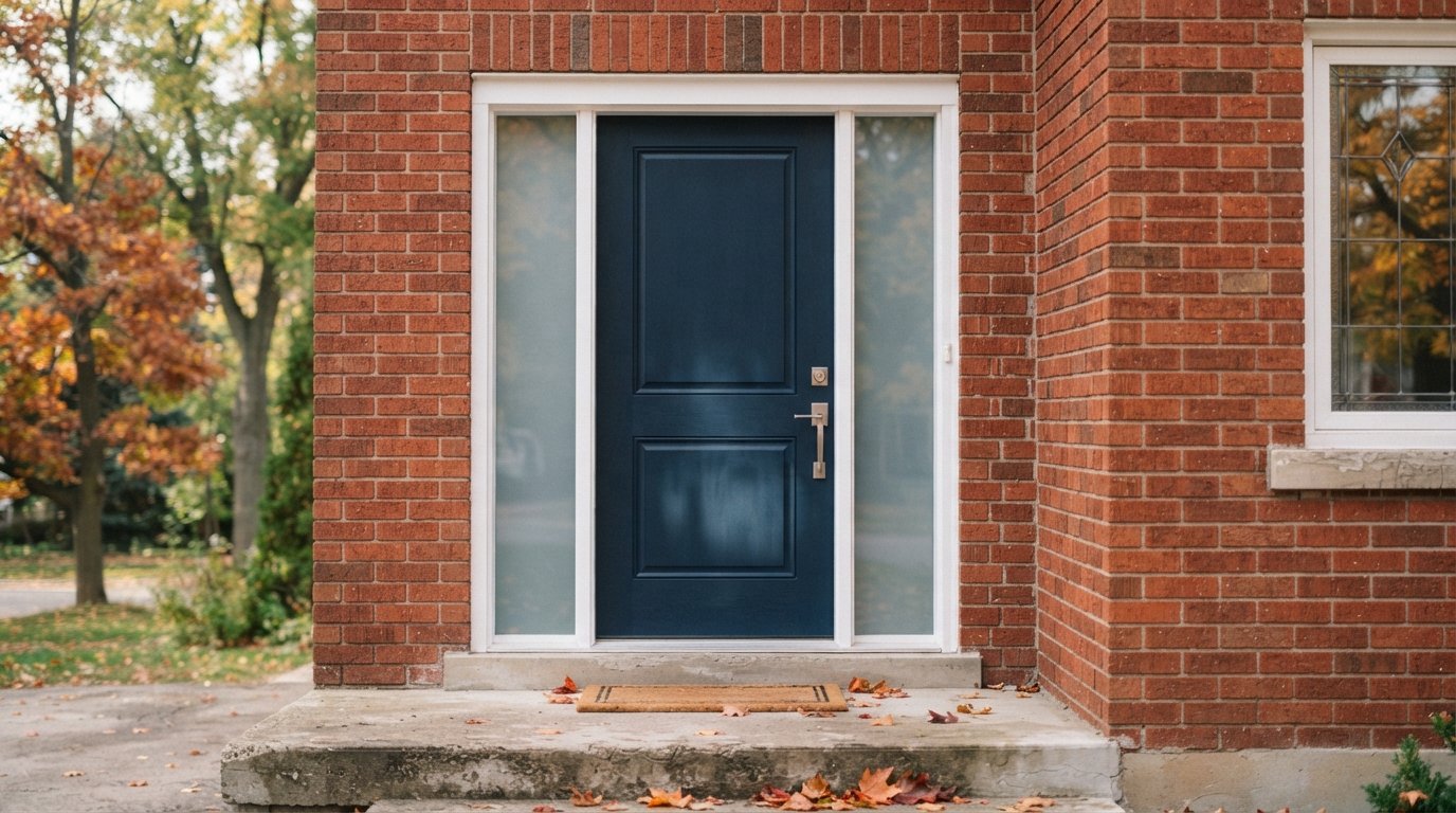 New fibreglass entry door with two sidelites on a brick house after a front door replacement in autumn