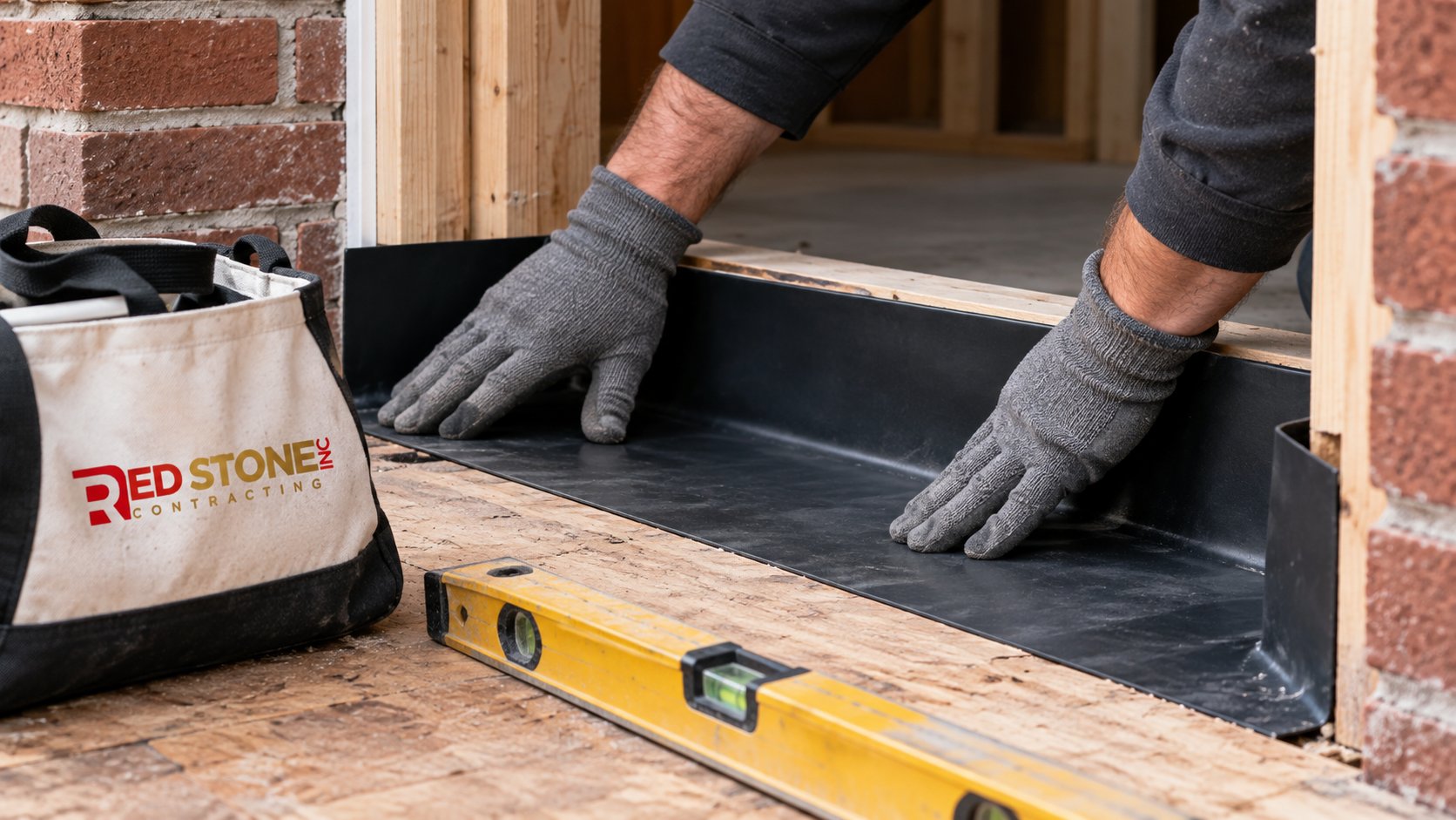 Gloved hands pressing a flexible sill pan into the rough opening during a front door replacement, level beside it