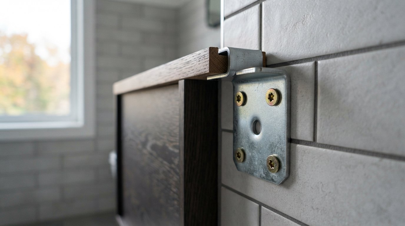 Close-up of a floating vanity mounting bracket fastened through tile into solid wall blocking